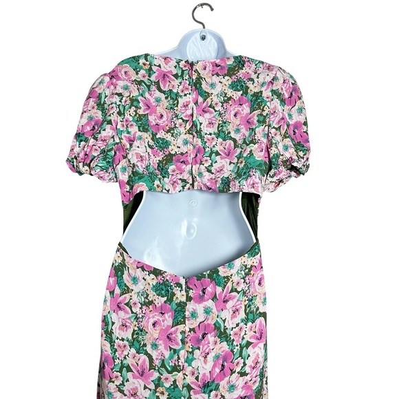 ASTR The Label Dayanara Dress Green Pink Floral Puff Sleeve Slit Maxi size Large - Picture 7 of 11